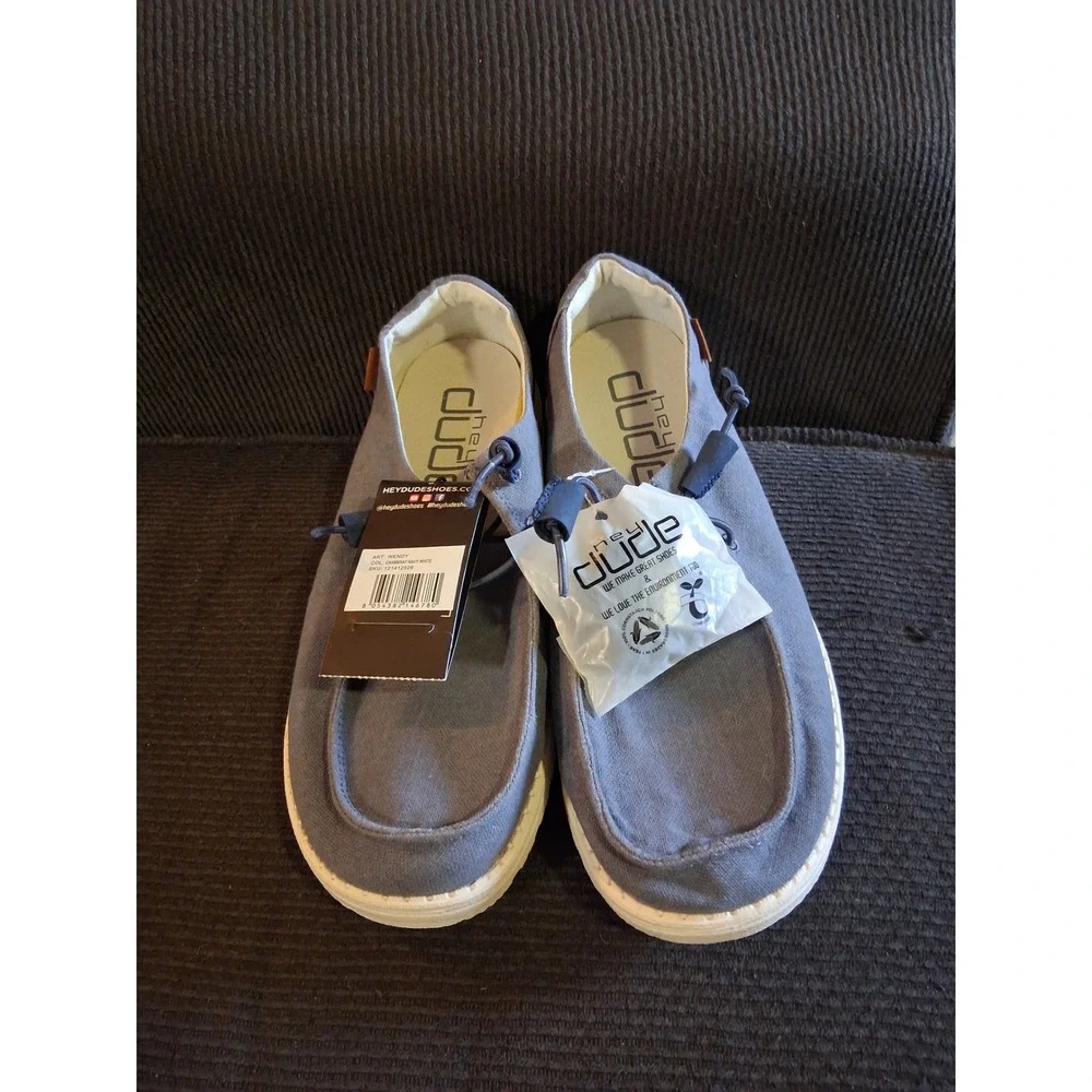 Hey Dude Wendy Chambray Navy White Canvas Slip On Loafers Womens 10 NWT
